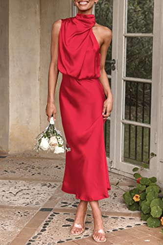 Prettygarden Women's 2023 Summer Satin Dress Elegant Sleeveless Mock Neck Cocktail Party Maxi Dresses (Red,Medium) #TOP7