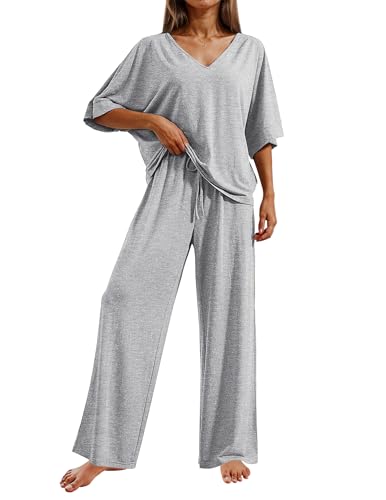 Image of Ekouaer Pajama Sets for Women 2 Piece Lounge Set Short Sleeve Tops and Long Pants Soft Comfy Pjs Sleepwear Outfits S-XXL