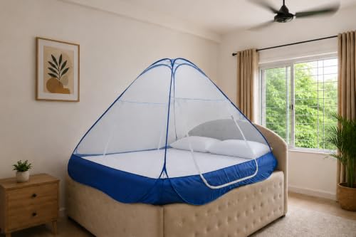 Image of Healthy Sleeping Mosquito Net | Double Bed | Supreme King Size Bed | Foldable Machardani with 2 Side Zipper Opening | Strong 30GSM Polyester Net | PVC Coated Steel Wire (Blue)