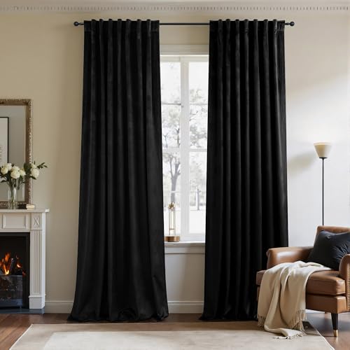 Image of Black Velvet Curtains for Living Room 84 Inch Length 2 Panel Back Tab Pocket Thick Luxury Living Room Darkening Light Blocking Thermal Insulated Black Out Long Drape for Bedroom Halloween Gothic Decor