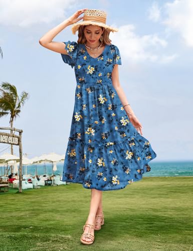 Image of YESNO Women Summer Boho Floral Casual Dresses V Neck Ruffle Cap Sleeve Smocked Midi Dress with Pockets EVA