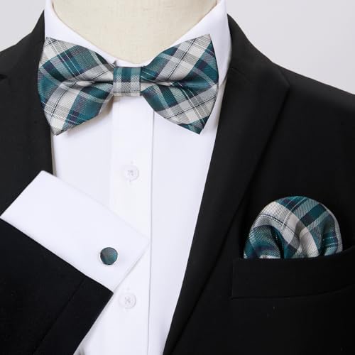 Image of HISDERN Mens Plaid Bow Tie Set Pocket Square and Cufflinks Bowtie | Pretied Bowties Design for Easy Wear,Check Pattern,Matching Handkerchief Cuff Link,3PCS Set Wedding Formal Party Groom Prom