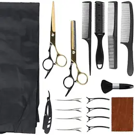 Kit Tesoura de Cabelo Profissional 19 Peças em Aço Inoxidável – Conjunto Completo para Barbeiro e Cabeleireiro com Tesoura de Corte, Desbaste, Pentes, Presilhas e Acessórios para Salão e Uso Doméstico