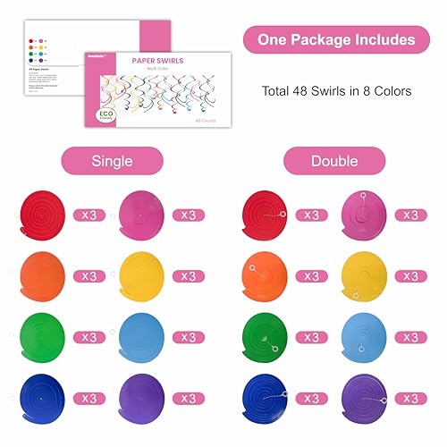 Image of HonuGoGo 48‑Piece Multi-Color Paper Swirl Decorations - Hanging Party Swirls for Birthday, Baby Shower, Wedding & Celebration Decor