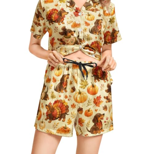 Image of Funny Pajamas for Women Set Print Satin Loungewear Pjs Short Sleeve Button Down Top and Shorts Sets Sleepwear XS-3XL