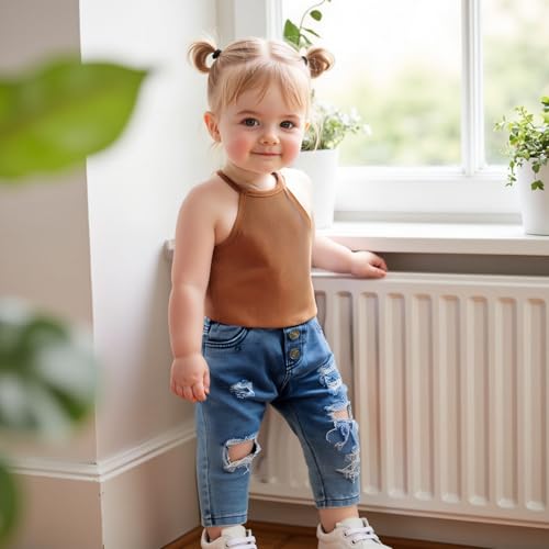 2PCS Baby Girl Halter Sleeveless Backless Tank Tops Ribbed Knitting Vest + Ripped Denim Pants Set2