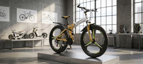 Image of Amaze Kai Dual Suspension Bikes Bmv Foldable Gear Cycle for Men with 21 Speed Gear 3 Spoke | Folding Mountain Bike with Double Disc Break & Mac Wheel, 26 Inch (Yellow Gold)