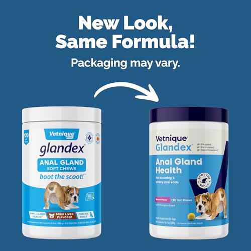 Image of Vetnique Glandex Anal Gland Soft Chew Treats with Pumpkin for Dogs Digestive Enzymes, Probiotics Fiber Supplement for Dogs Boot The Scoot (Bacon Flavor Chews, 120 Count) (Pack of 2)