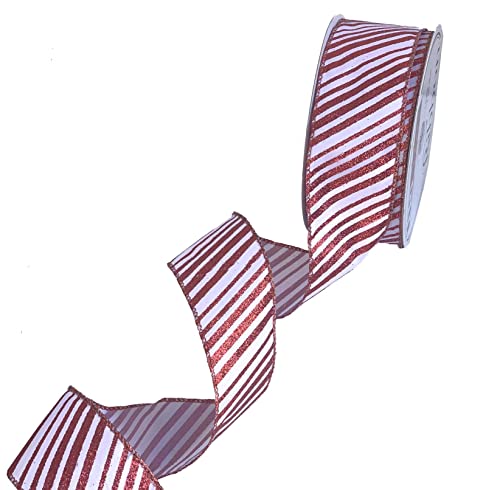 Image of Candy Cane Christmas Tree Ribbon - 2 1 /2 inch x 50 Yards, Wired Edge, Sparkly Red Stripes, Wreath, Gift Wrap, Garland, Decoration, Bows, Presents