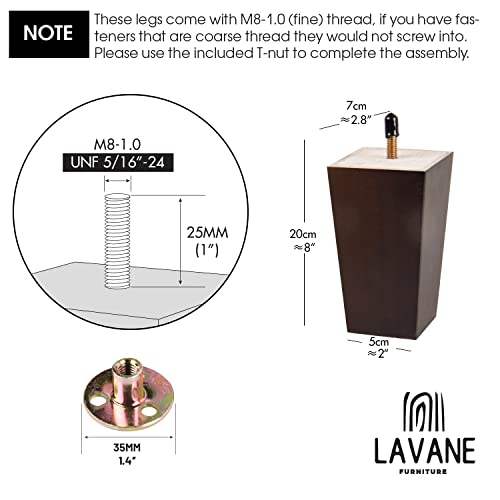 La Vane 8 Inch Wooden Furniture Legs, Set Of 4 Solid Wood Square Walnut Mid-Century Modern M8 Replacement Bun Feet With Pre-Drilled 5/16 Inch Bolt & Mounting Plate & Screws For Couch Sofa Armchair #TOP3