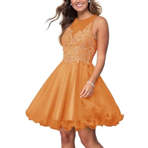 Short Tulle Prom Dress for Teens Homecoming Dresses Lace Applique Beading Party Cocktail Gowns One Size Orange