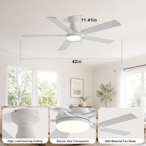Image of Depuley Modern Ceiling Fan with Light: 42-Inch White Flush Mount Fandelier | Bedroom Indoor Outdoor Use, 5 Reversible Wood Blades, 6 Fan Speeds, Timing Function, Dimmable 3CCT, Remote Control Included