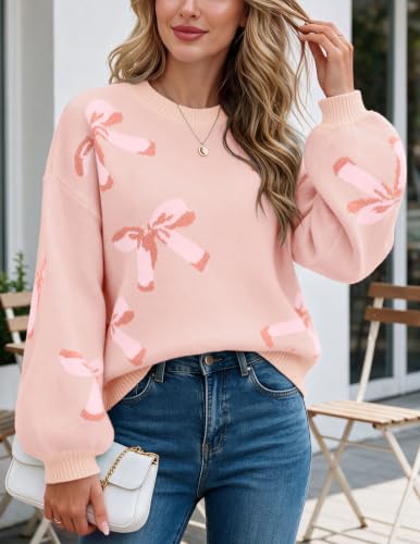 Image of Libsorge Womens Oversized Cute Bows Crewneck Pullover Sweater