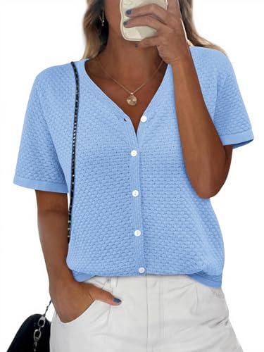 Image of NALANISA Women's Short Sleeve Sweater Spring Summer Crochet Knit Tops 2026 V Neck Striped Button Down Dressy Casual Blouses