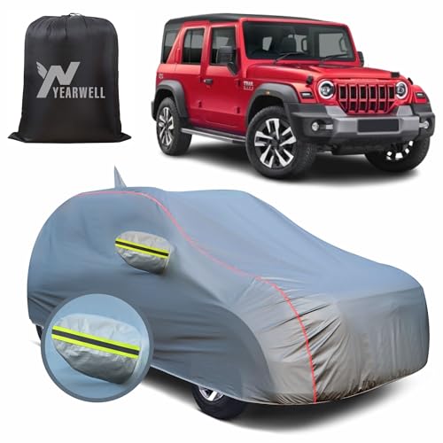 Image of Car Body Cover for Mahindra Thar Roxx, 100% Waterproof, Heat-Resistant with Mirror & Antenna Pockets, Soft Cotton Lining, Triple Stitched, Green Reflector (Metallic Grey)