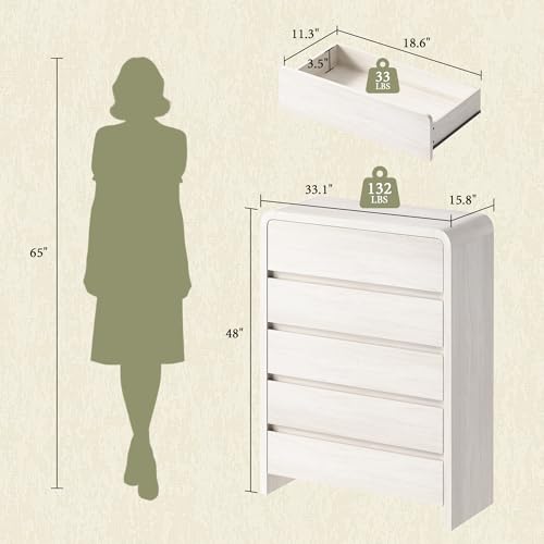 Image of 5 Drawer Dresser for Bedroom, 48 inch Tall Modern Chest of Drawers with Rounded Corners & Anti-Tip Kit, Wood Dresser Storage, Cabinet Organizer with Drawer Slides for Closet, Nursery, Apartment, White