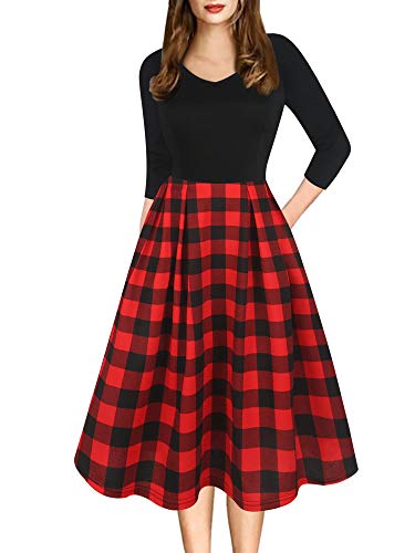 oxiuly Women's Classic Plaid Patchwork 3/4 Sleeve V-Neck Party Swing Dress Casual Pockets Work Dresses OX295 (M, BK-Redplaid 7)