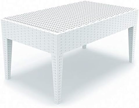 Rectangle Outdoor Patio Coffee Table for Garden, All Weather Wicker Resin Patio Table in White, Commercial Grade Modern Outside Furniture Set