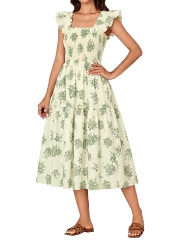 Image of Rooscier Women's A Line Smocked Midi Dress | Summer Sleeveless Square Neck Casual Sundress