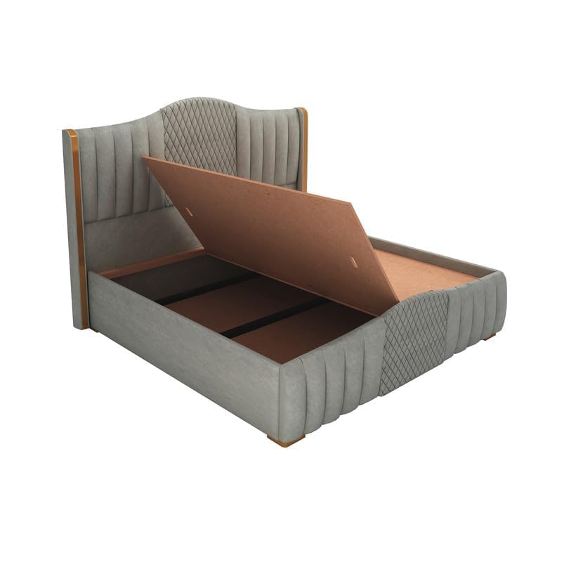 Image of STRATA FURNITURE Solid Wood King Size Bed with Box Storage & Upholstered Headboard | Wooden Double Bed Cot Palang for Bedroom, Home, Hotel & Guest Room Furniture (Grey)