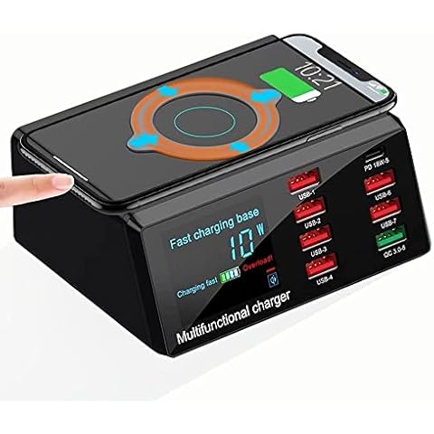 WANLONGXIN 100W Quick Charge 3.0 8-Port USB Fast Charger,10W Max for Phone Fast Wireless Charging,9-in-1 Multi-Device Wireless Charging Station,Black,X9 Cover