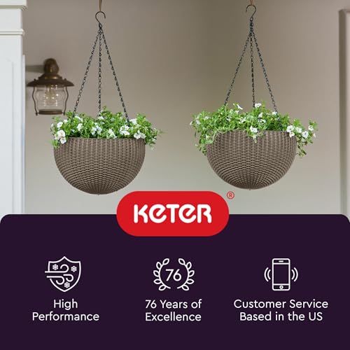 Keter Resin Rattan Set of 2 Round Hanging Planter Baskets for Indoor and Outdoor Plants-Perfect for Porches and Patio Decor, Cappuccino - Image 4