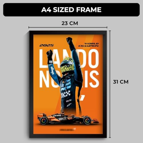 Image of Lando Norris World Champion Poster | 2025 Framed McLaren F1 Car A4 Sized (31 x 23 cm) | Lando Norris F1 Poster | McLaren Car Posters for Wall, Gift for Boys, Formula 1 Frames | Formula 1 Frame (F 168)