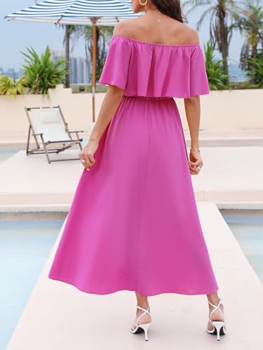 Image of CUPSHE Women Ruffle Floral Maxi Summer Dress Off Shoulder Short Sleeve Backless Flounce Bodice Slit Hem Beach Dresses