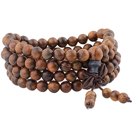 KYEYGWO Mala Bracelet Perlé, Élastique Protection Collier Bouddhiste de 108 Perles en Bois avec Nœud Chinois 25", Bois Poire Cover
