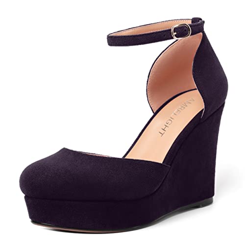 AMBELIGHT Womens Suede Solid Cute Round Toe Party Platform Ankle Strap Buckle Wedge High Heel Pumps Shoes 4 Inch