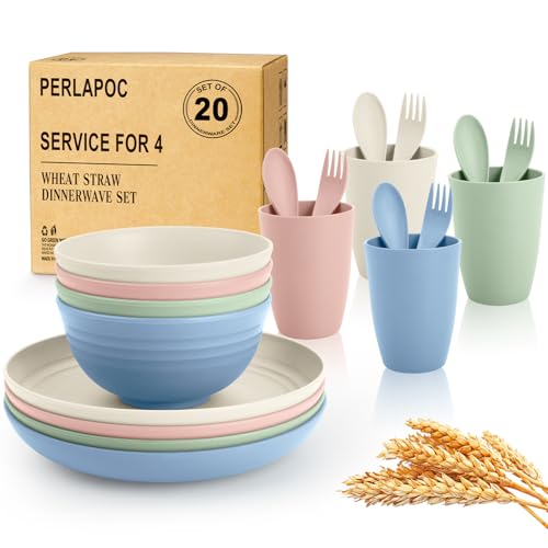 Image of Wheat Straw Dinnerware Sets 20 PCS Service for 4, Unbreakable Kitchen Plates and Bowls Sets, Microwave Dishwasher Safe Dish Set, Outdoor Camping, RV, Apartment Essentials - Colorful
