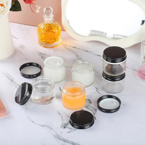 24 Pack 2oz Clear Glass Jars Small Glass Containers with Black Metal Lids Empty Cosmetic Jars with Inner Liners and Lids Clear Glass Lotion Jars with Labels for Traveling3