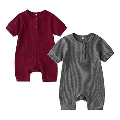 RELABTABY Newborn Baby Boy Girl 2 Pack Romper Unisex Infants Summer Solid Button Onesie Jumpsuit Outfits Clothes, Red&gray, 9-12 Months Cover