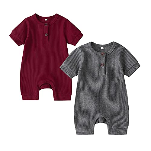 Image of RELABTABY Newborn Baby Boy Girl 2 Pack Romper Unisex Infants Summer Solid Button Onesie Jumpsuit Outfits Clothes