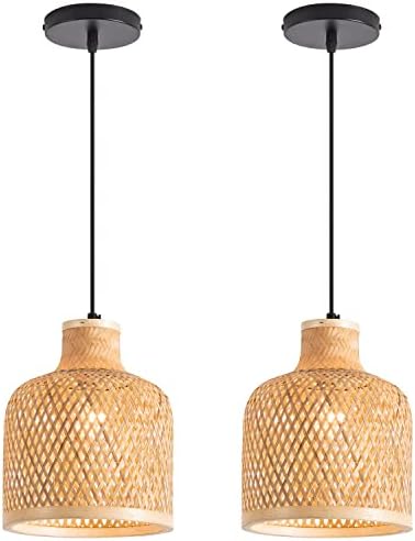 Modern Bamboo Woven Pendant Light Set of 2, 7.8" Coastal Bamboo Natural Pendant Lighting Fixture for Kitchen Dining Room Living Room Foyer
