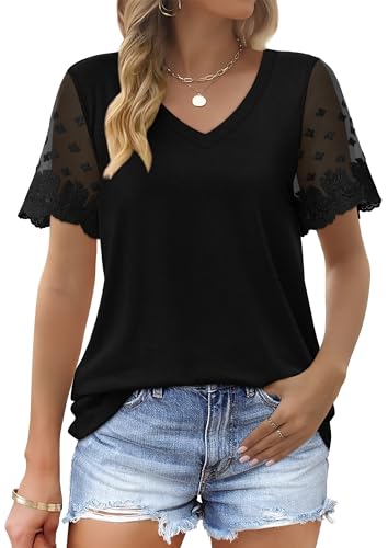 OFEEFAN Casual V Neck T Shirts for Women Lace Short Sleeve Curved Hem Tops Loose Fit