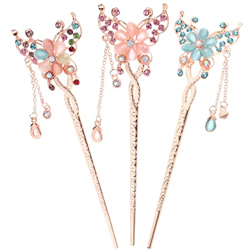 3本 ヘアピン ヘア 宝石 女性用 黒 箸 人用 箸 ヘア スティック シニヨン ヘア ピン チャイニーズ フラワー ヘア スティック 合金 ミス 蒸し お団子 タ