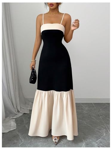 Image of SOLY HUX Women's Color Block Ruffle Hem Maxi Dress Spaghetti Strap Elegant Long Cami Dresses
