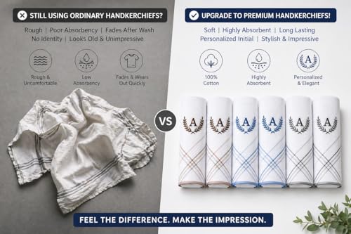 Image of GOLU MOLU Cotton White Formal Handkerchief Pack Of 6 | Office Travel Daily Use | Custom Initial Design | Free Size | Cotton Fabric | Customised N95 Mask Included