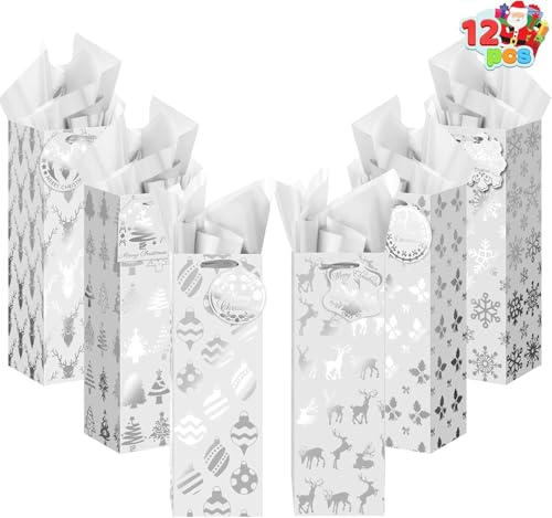 12 PCS Christmas Wine Bottle Gift Bags Silver Foil 6 Assorted Designs