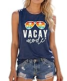 Womens Beach Tank Tops Funny Colorful Sunglasses Vacay Mode Graphic Top Tropical Cruise Vacation Muscle Tank Top Hawaiian Party Sleeveless Shirts,Navy Blue XL