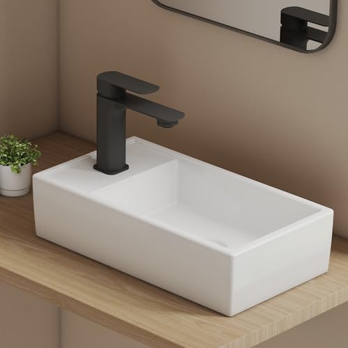 EMKE Lave-Mains à Poser Rectangulaire en Céramique Blanc Brillant - Vasque Compacte 41 x 22 x 10 cm pour WC et Petites Salles de Bain - Installation...