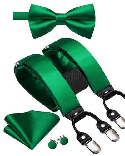 Image of Hi-Tie Men Suspender Bowtie Set Suspenders Pre-tied Bow Tie Pocket Square Cufflinks Adjustable Y Shape 6 Clips Braces Tuxedo