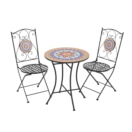 roomfitters 3-Piece Mosaic Bistro Set, Folding Metal Chairs & Ceramic Tile Table, Outdoor Patio Café Set, Black Frame