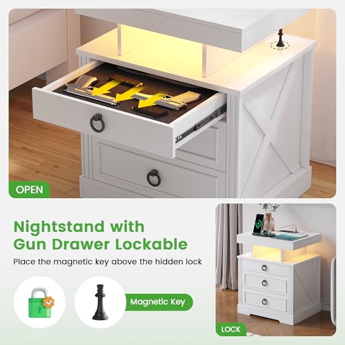 Image of HNEBC Gun Nightstand with Hidden Drawer&Wireless Charging &LED Lights-White | Smart Farmhouse Nightstand with Charging Station,3 Color Auto Light, Hidden Storage,3 Drawers for Bedroom Furniture