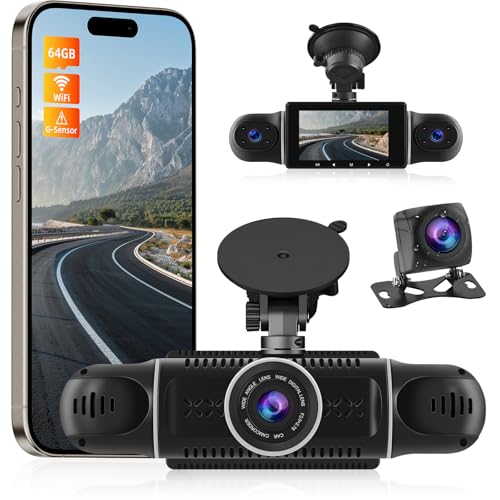 NHOPEEW Dash CAM de 4 Canales - 360°rotación Frontal Trasera Interior Izquierda Derecha 3 Pulgadas Auto Dashcam - Soporta grabación en Bucle G-Senseor Parking Monirot WiFi + Tarjeta de 64GB Gratis