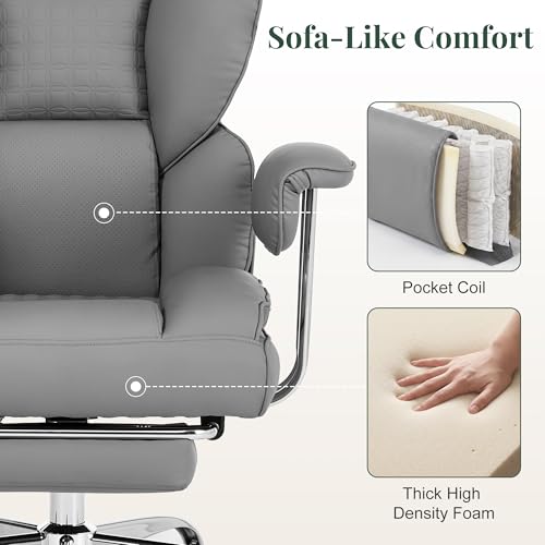 Image of Big and Tall Office Chair 400 LBS, Scratch-Resistant PU Leather Executive Ergonomic Desk Chair with Footrest, Lumbar Support, Wide Reclining Computer Seat for Home Office, Grey