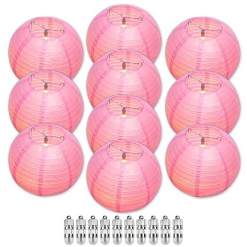 Image of Pink Chinese Paper Lanterns with LED Lights, 10-Pack 10inch | Hanging Lights for Wedding & Bridal Shower, Birthday Party Decorations, Ceiling Decor, Home Party, Baby Shower