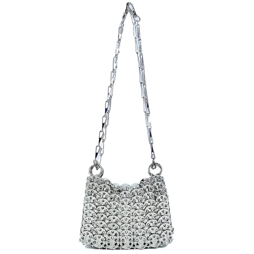 Sparkly Purse Silver Shiny Handmade Woven Beaded Sequin Mobile Phone Bag Long Shoulder Strap Single Shoulder Crossbody Bag for Women