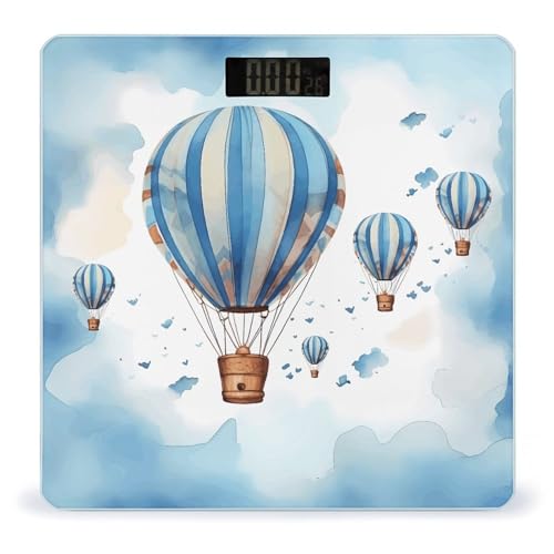 Báscula digital azul con globo aerostático y plataforma de vidrio templado miniatura 1